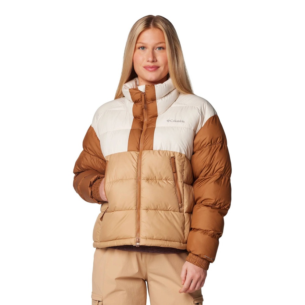 Columbia Pike Lake II Cropped Insulated Jacket Omni-Heat Puffer Coat Brown White